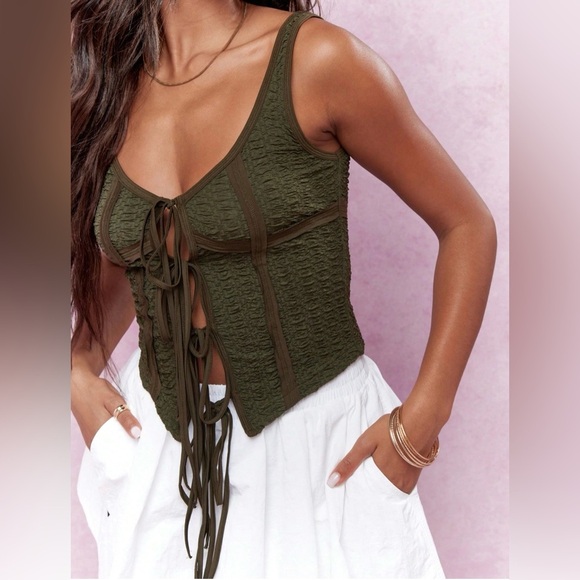 Missguided Green Fitted Smocked Tank summer top - Picture 1 of 5